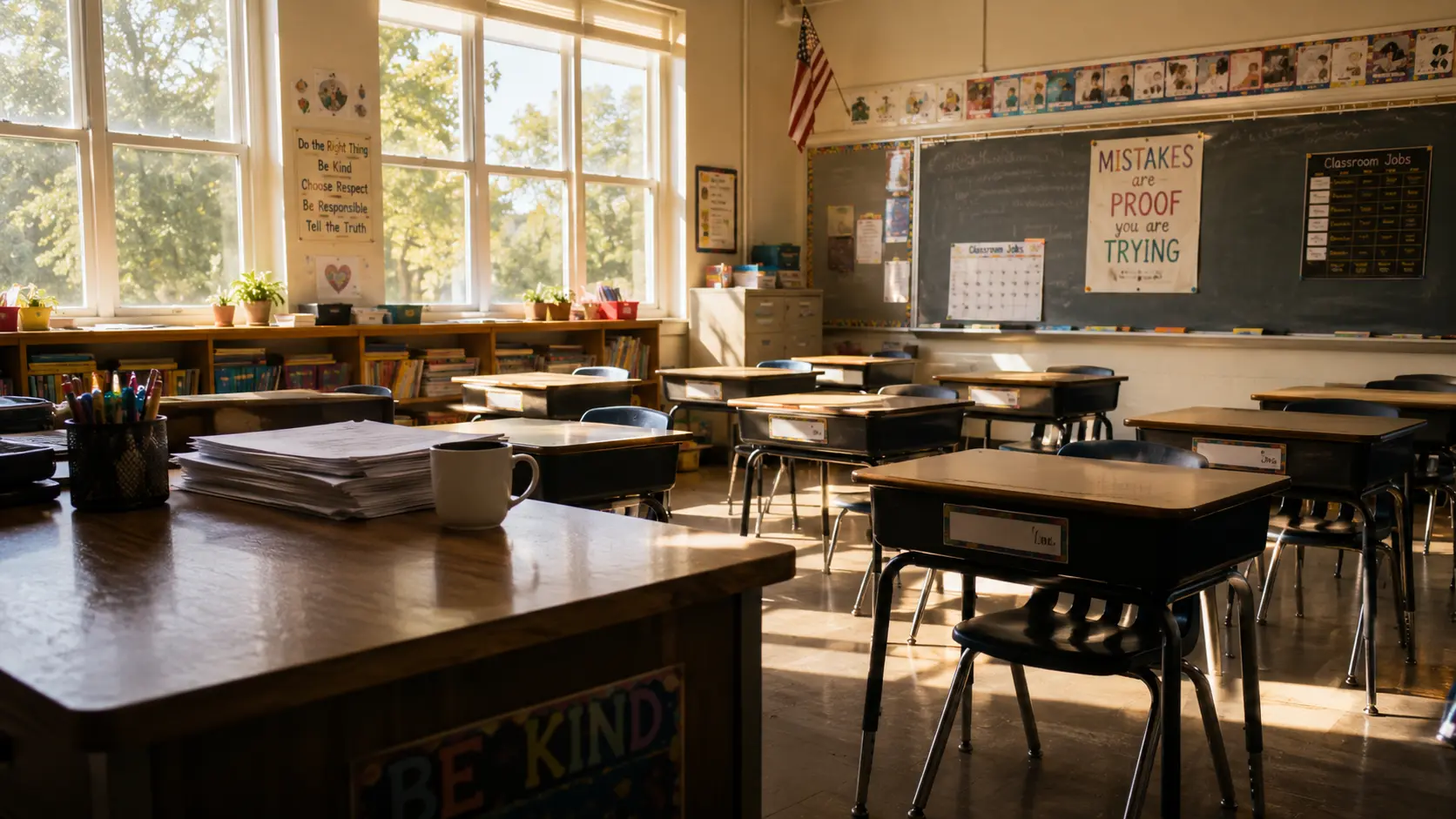 Alt: Empty classroom awaiting a fully certified teacher