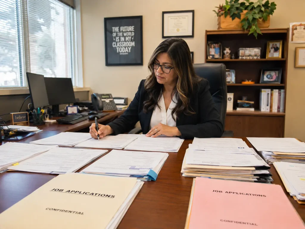 School administrator reviewing educator job applications