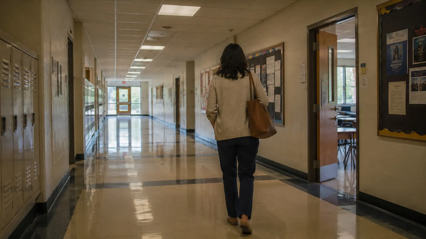 Substitute teacher walking toward school classroom door