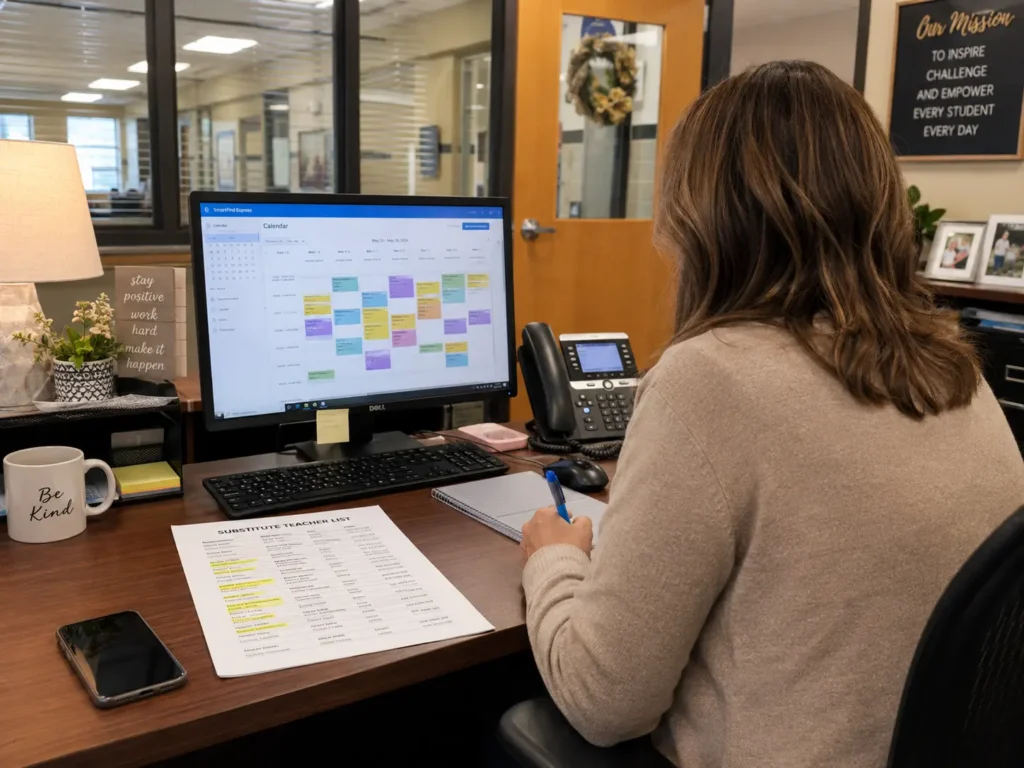 School coordinator managing substitute teacher scheduling system