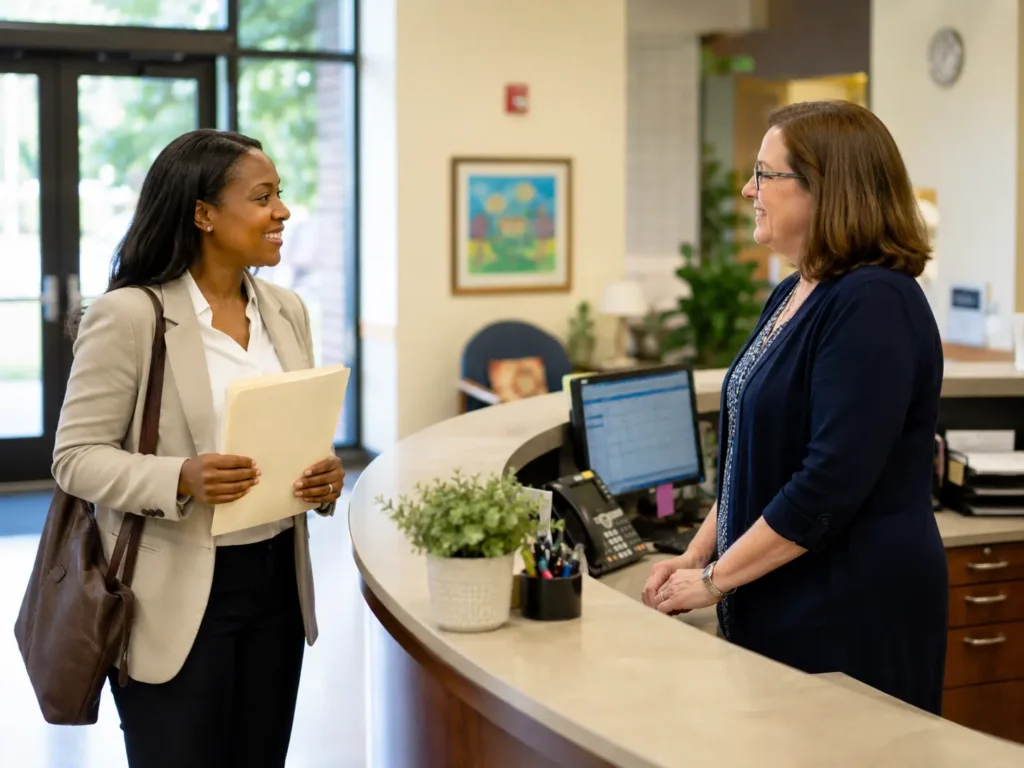 Substitute teacher receiving school orientation from staff