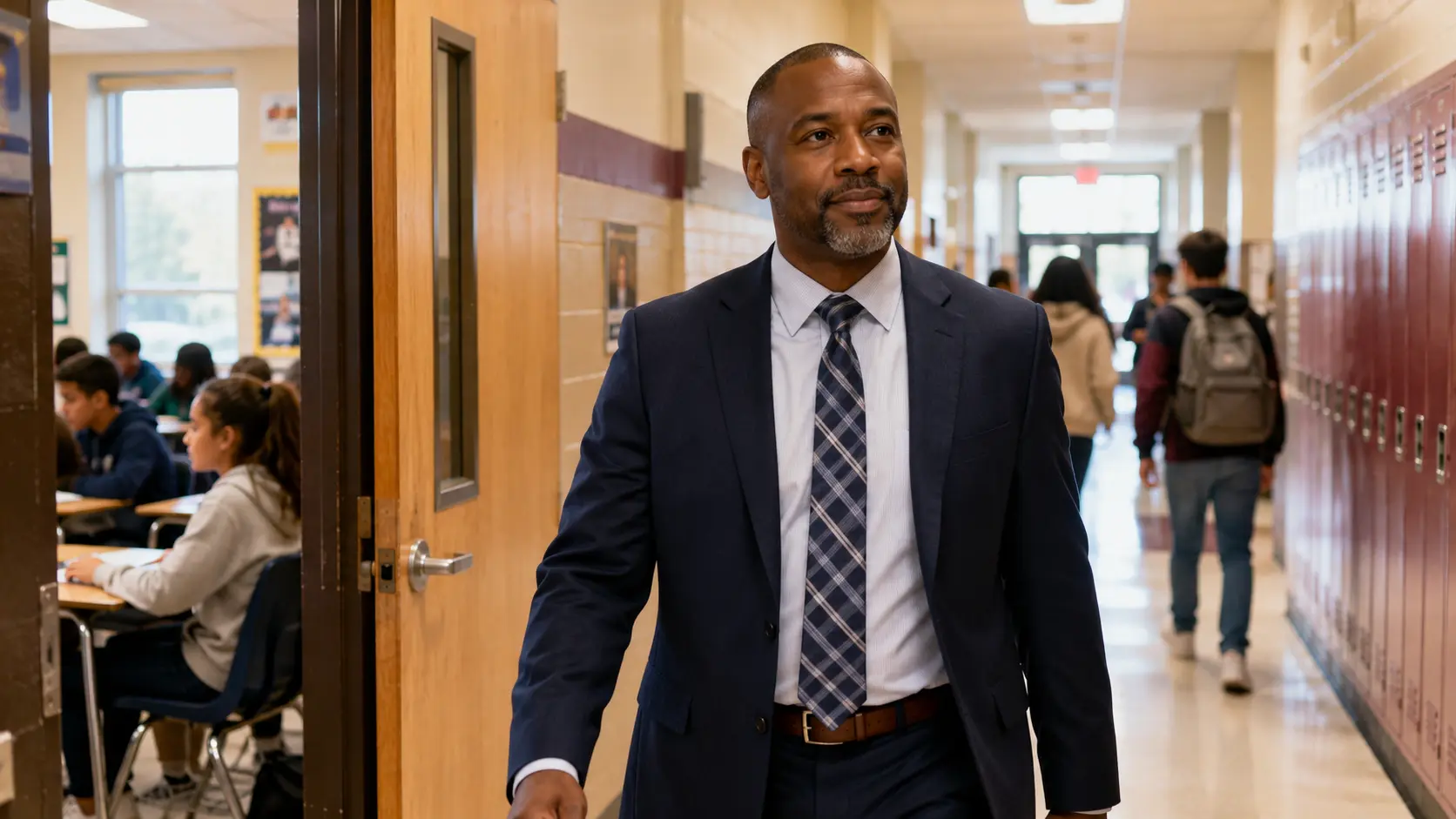 School principal walking through busy hallway with confidence