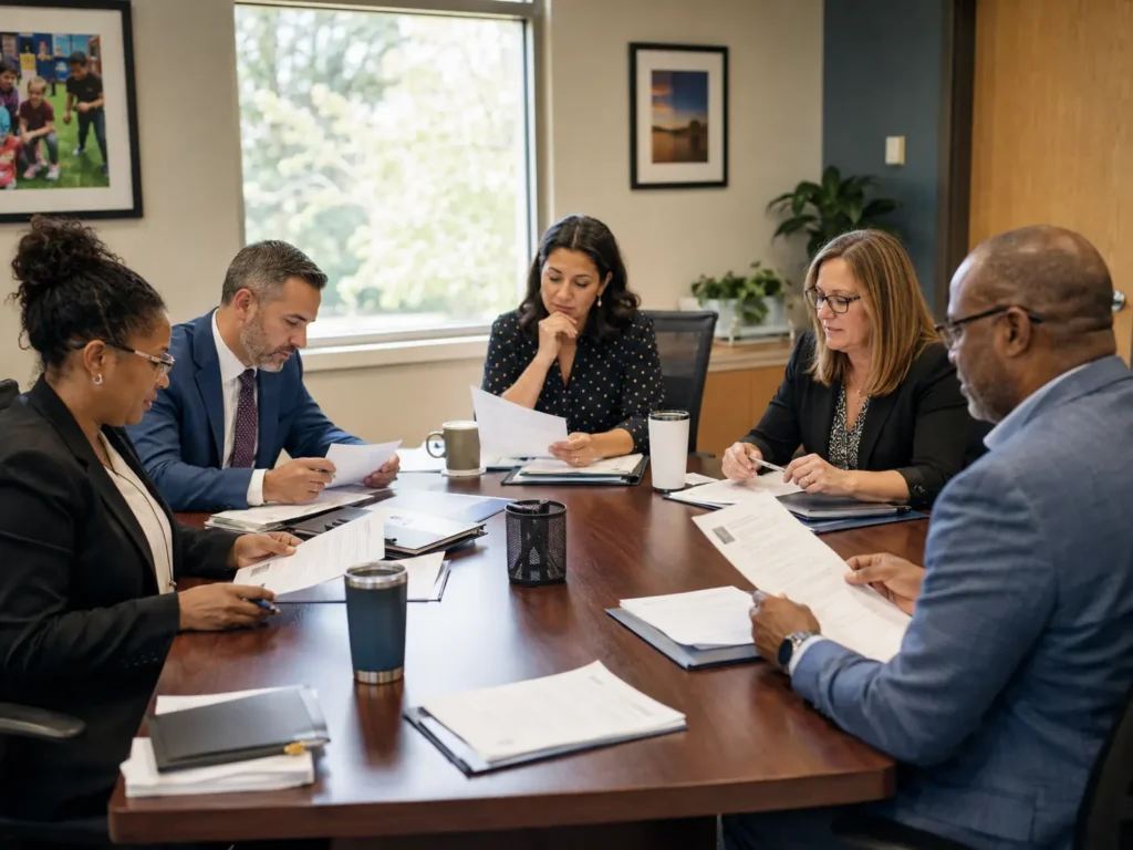 School district hiring committee reviewing principal candidates