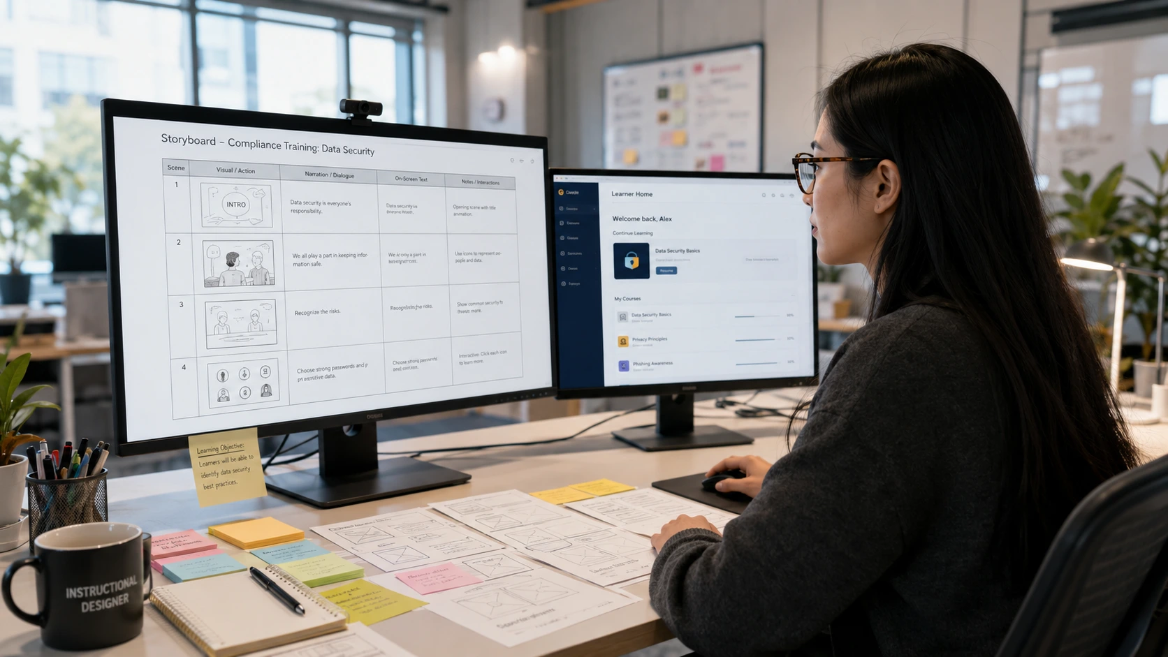 Instructional designer reviewing eLearning storyboard at workstation