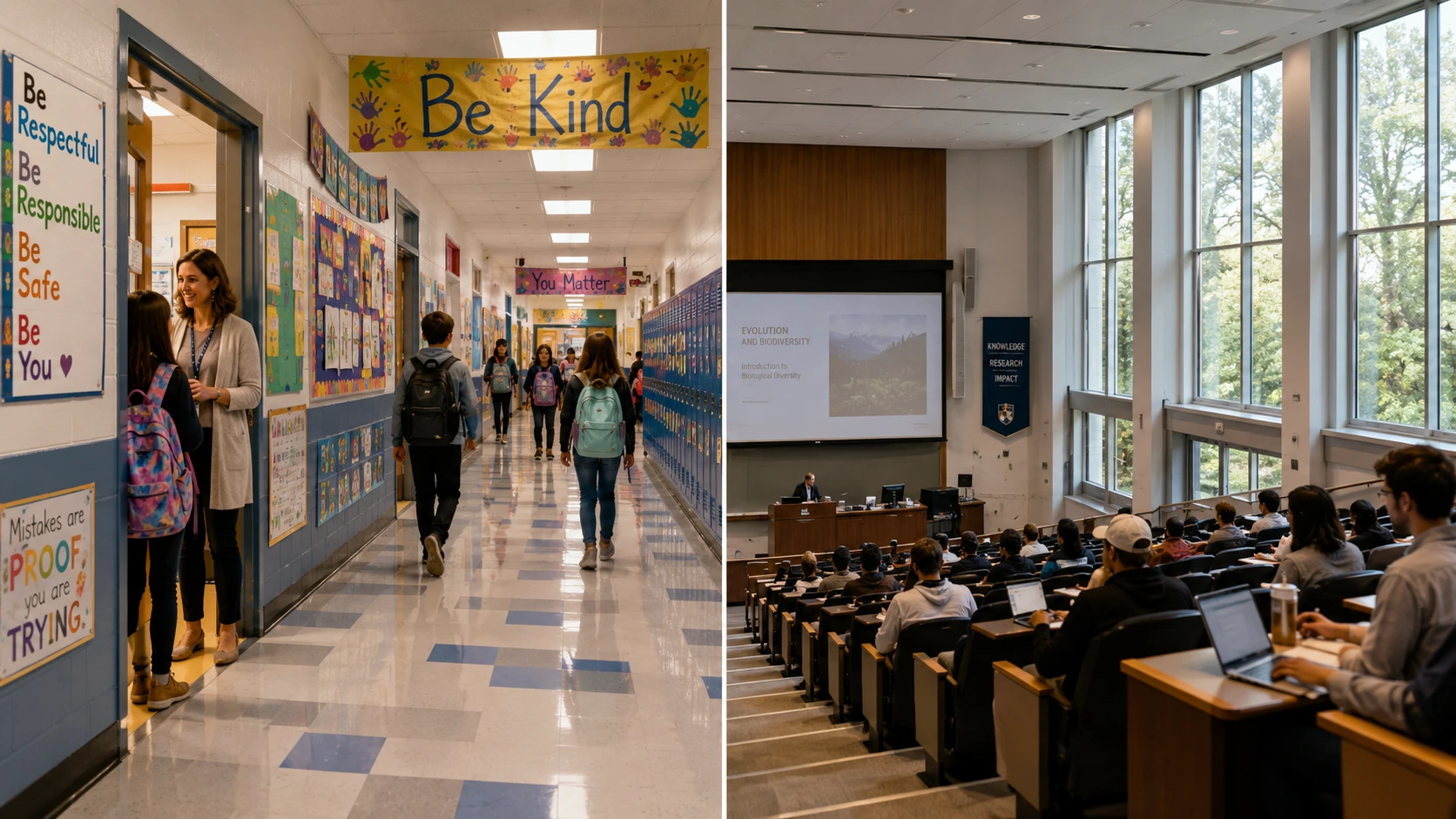 Side-by-side K-12 school and university lecture hall