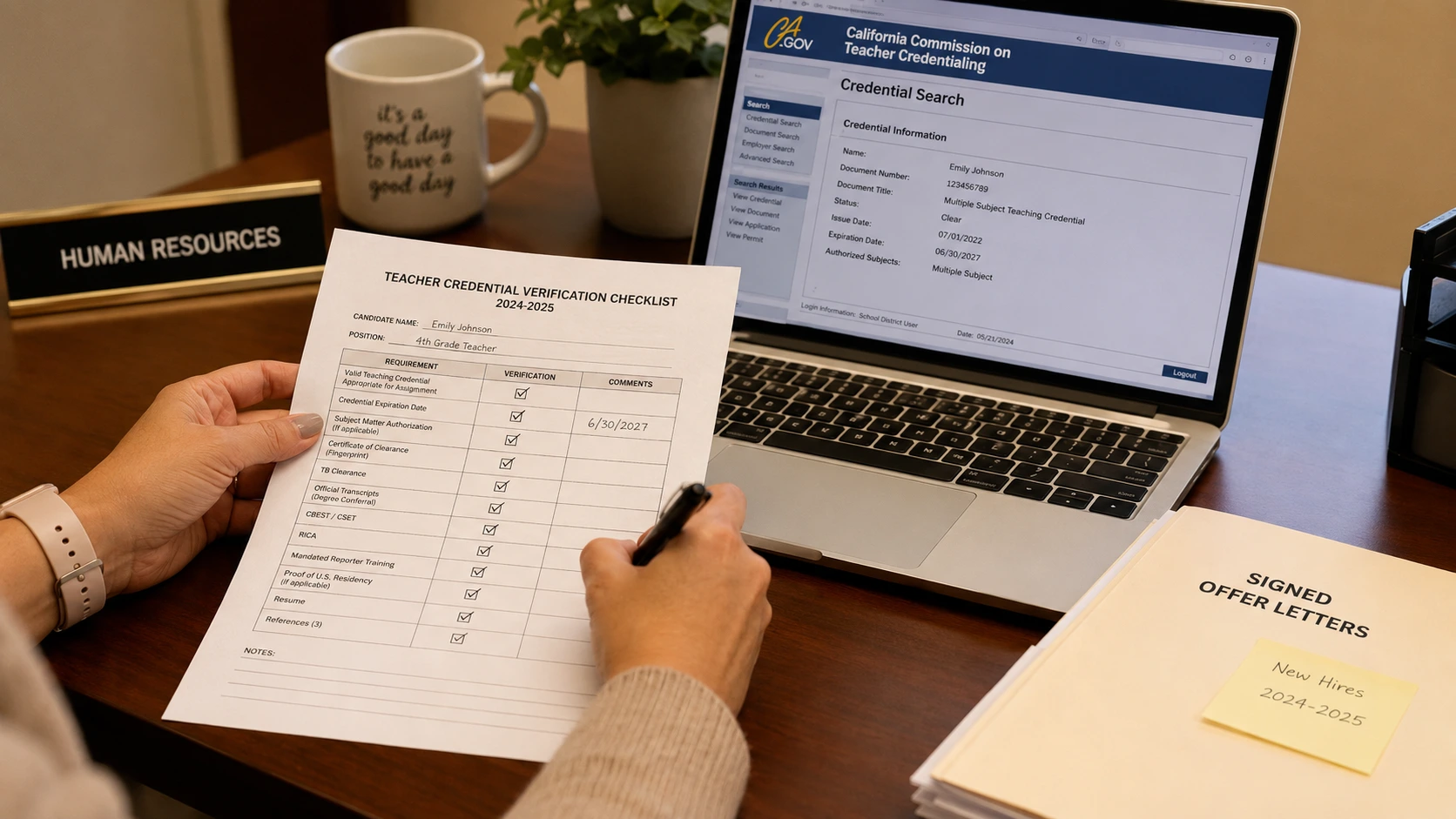HR administrator verifying teacher credentials against state database