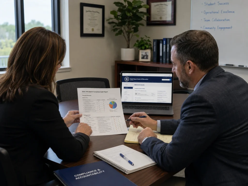 District compliance officer reviewing educator license audit findings