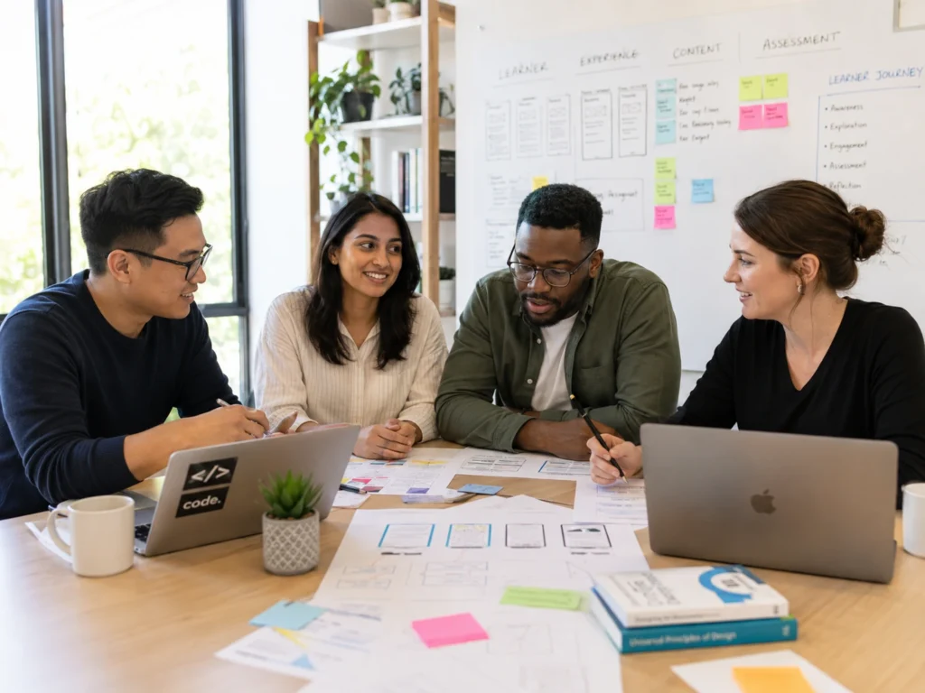 Diverse EdTech cross-functional team reviewing product and curriculum