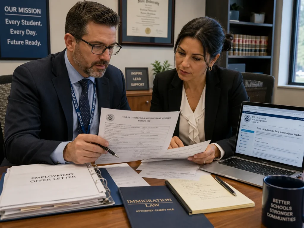 District HR director and immigration attorney reviewing teacher visa paperwork