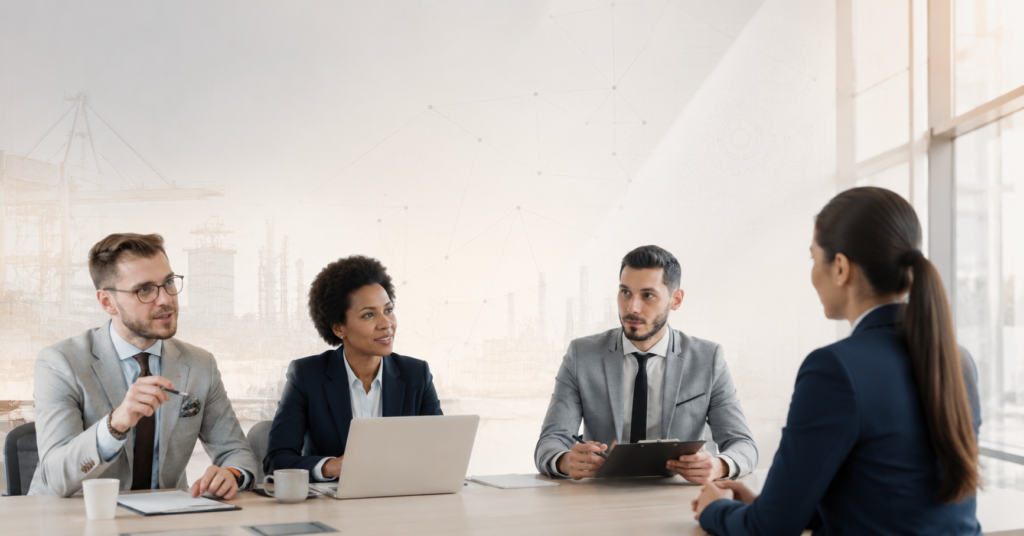 Diverse professionals discussing executive recruitment in office